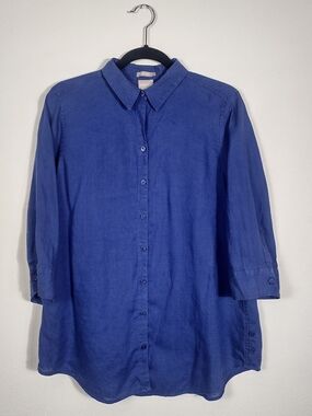 Chico's Washed Blue No Iron 100% Linen 3/4 Sleeve Button Up Shirt Size 1